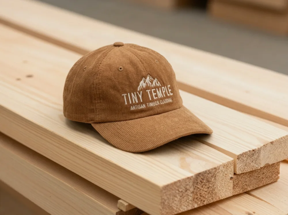 A brown corduroy cap with an embroidered mountain logo, on a pine bench.