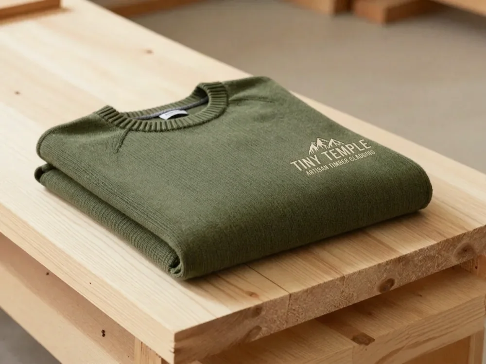 A folded olive-green crewneck sweatshirt with an embroidered chest logo, on a pine bench.
