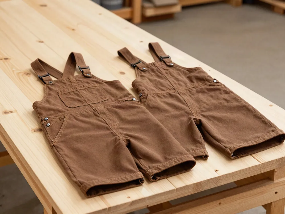 Brown canvas work dungarees and shorts on pine boards — placeholder photograph.
