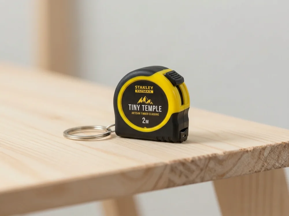 A miniature black and yellow keyring tape measure standing on a pine bench.