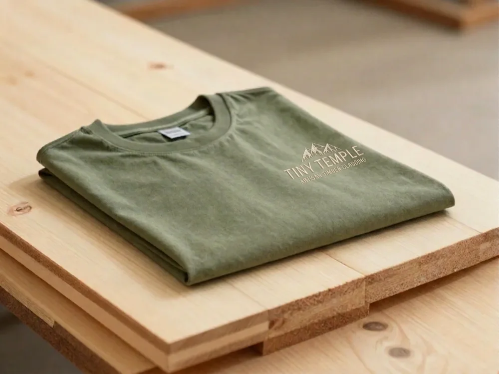 A folded olive-green t-shirt with an embroidered Tiny Temple chest logo, on a pine bench.